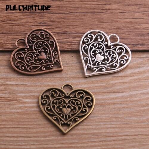 6PCS 28*29mm Three Color Vintage Metal Zinc Alloy Hollow love Heart Charms Fit Jewelry Pendant Charms Makings