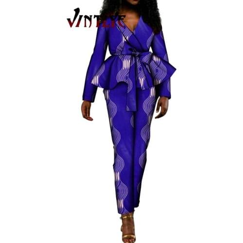 African Clothes for Women Fashion V-neck Jacket and Long Pant 2 Pcs Set Lady Casual Suit Dashiki Outfit Nigerian Clothes WY711