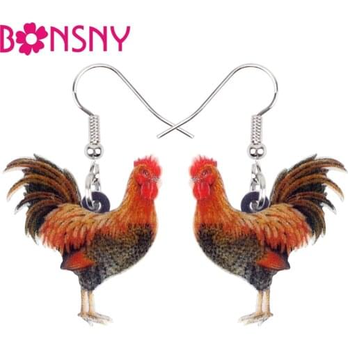 Bonsny Acrylic Standing Floral Rooster Chicken Earrings Drop Dangle New Fashion Farm Animal Jewelry For Women Girls Teens Charms