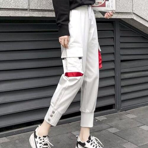 Women High Waist Fashion Casual Pants Solid Elastic Waist Pockets Pencil OL Pants High Street Cargo Ankle-Length Pants