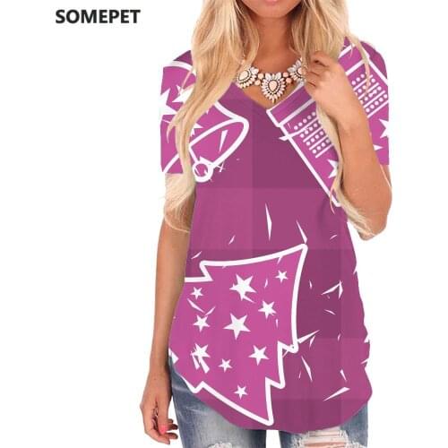 SOMEPET Christmas T-shirt women Christmas Tree Tshirts Printed Gift V-neck Tshirt Painting Funny T shirts Womens Clothing Summer