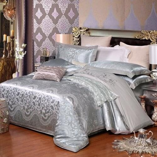 Hot sale Wedding jacquard mulberry silk bedding 100%cotton Embroidered Gray including duvet cover bed sheet pillowcase