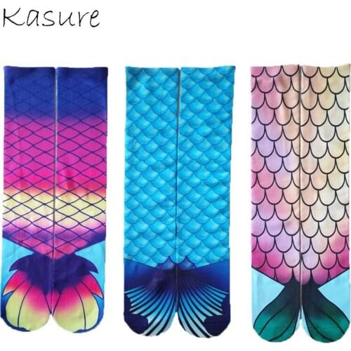 KASURE Funny Summer Beach Mermaid Colorful Socks Ladies Cotton 3D Printed Knee High Long Sock High Quality Cosplay Fancy Cartoon