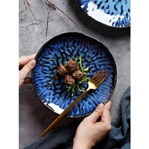 Creative Ceramic Kiln Changed Dinner Plates Blue Embossed Western Flat Plates Food Dessert Dishes Service Plates Tableware Sets