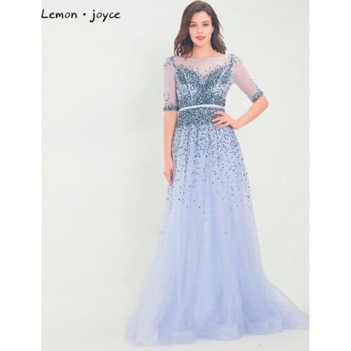 Lemon joyce 2020 Evening Dress Tulle Beading Half Sleeves Backless A-Line Prom Dresses Long Evening Dress Party Gowns Plus Size