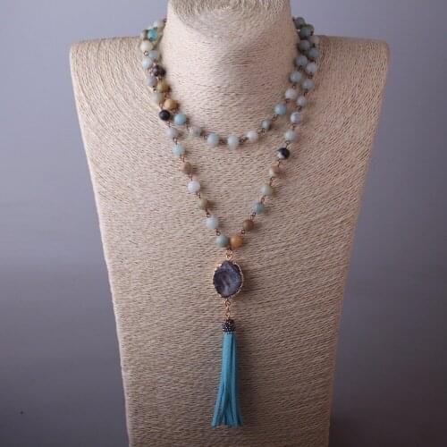Free Shipping Amazonite Stones Bohemian Tribal Jewelry Druzy and Big Blue Tassel Necklace