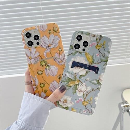 Luxury IMD Art Flowers Phone Case For iPhone 12 7 11 Pro 8 Plus X 10 XR XS Max Phone Shockproof Protector Cover With Card Holder