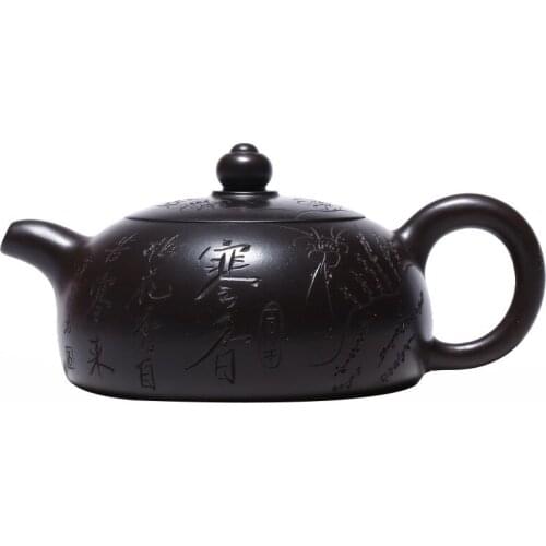 Hand-painted Black Mud Cold Fragrance Half Moon Pot Zisha Teapot Yixing Handmade Kung-fu TeawarePurple Clay Drinkware