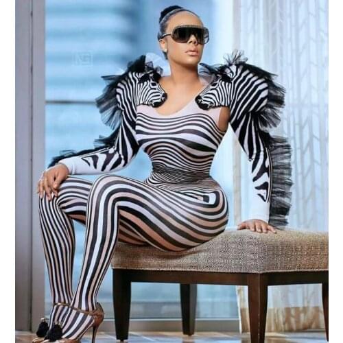 Sexy Zebra Pattern Jumpsuit Stage Performance Leggings Singer Dance Cosplay Show Bodysuit Costume Prom Clothes