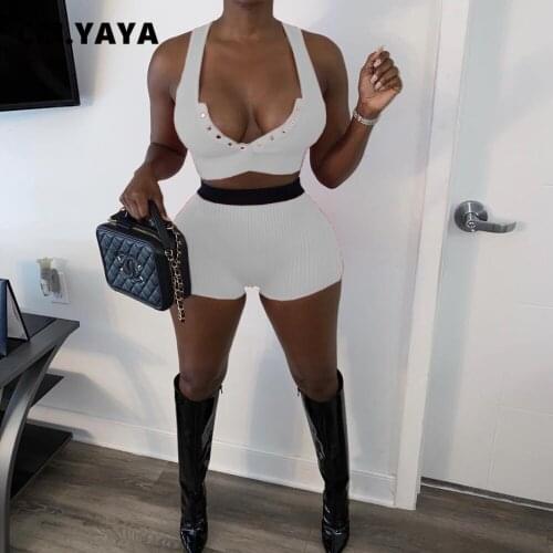 CM.YAYA Knit Women Set Active Sporty Tracksuit Tank Tops and Shorts Matching Two 2 Piece Set Fashion Sweatsuit