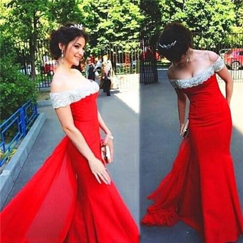 Sexy Boat Neckline Long Evening Gown Formal Red Mermaid Arabic Floor Length Wedding Party Dress