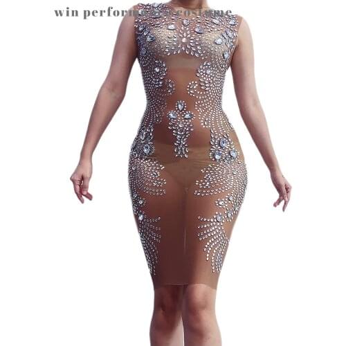 Rhinestone Birthday Dress Sheer Mesh nude Sexy See Through Dress Club Bodycon Black Tight Mini Dresses Woman Party Night