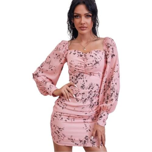 Spring and Autumn Womens French Square Neck Puff Sleeve Floral Dress French Dress Women