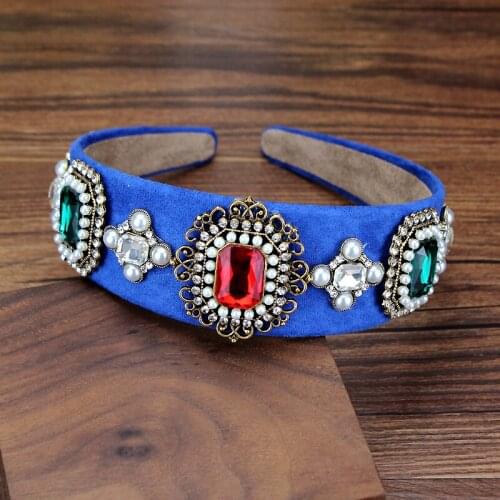 Vintage Shiny Crystal And Pearls Blue Wide Headband Rhinestone Baroque Hairband For Women Luxury Party Hair Jewelry