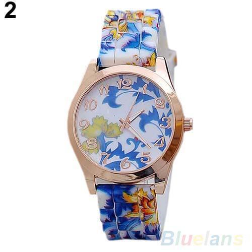 Vintage Women Watch Flower Print Silicon Band Clock Arabic Numerals Alloy Dial Quartz Wrist Watch reloj mujer Ladies Watch