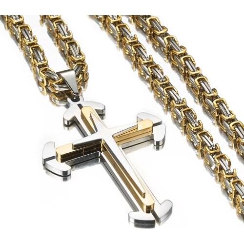 18"-30" Stainless Steel Byzantine Chain Knight Cross Necklace Christian Jewelry Gold/Silver/Black Color Crucifix Mens Pendant