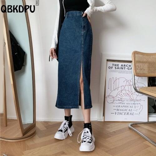 Chic High Waist Side Slit Denim Mid-Length Skirt Female Fashion Solid high waist Jean A-Line Skirts Women Streetwear Clothing