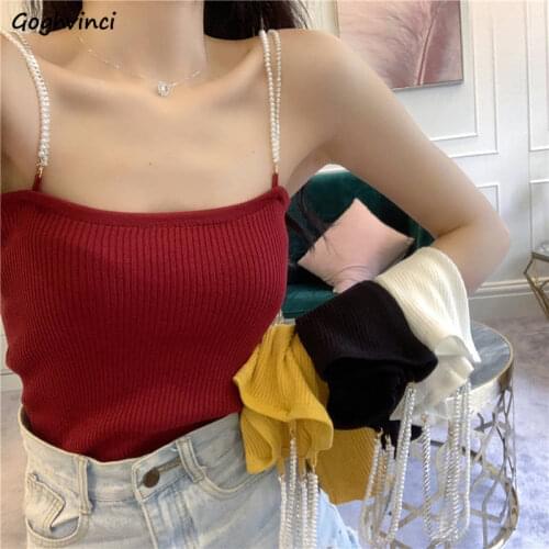 Women Camis Beading Solid Pearl Temperament Slim Knitting Fresh Korean Style Trendy High Quality Females Summer Holiday Newest
