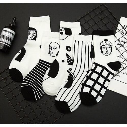 Women Men Unisex Funny Head Patterned Short Crew Socks Cotton Funny Hipster Art Socks Black and White Style Harajuku Ankle Sox