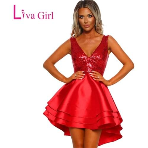 LIVA GIRL Gorgeous Party Gold Sequin Skater Dress Women Sexy V Neck Sleeveless Club Wear Mini Dresses Red Pink Black Vestidos
