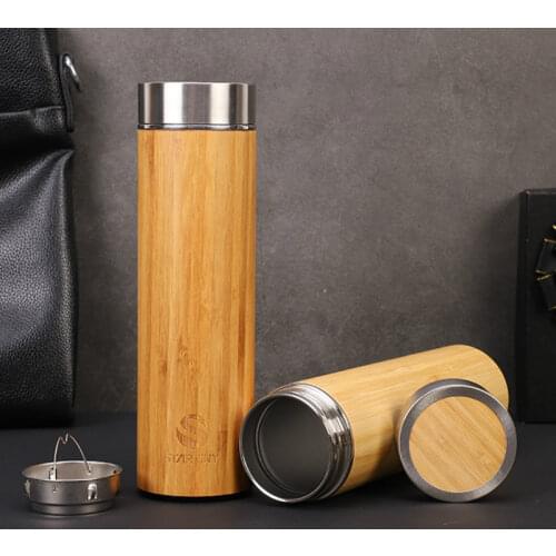 1PCS Creative 500ml Bamboo Wood Thermos Cup 304 Stainless Steel Morning Water Bottles Wood Grain Bamboo Car Gift Cup