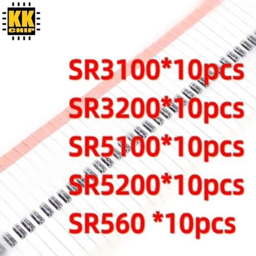 50pcs/lot KKCHIP SR3100 SR3200 SR5100 SR5200 SR560 each 10pcs Schottky Diode Assorted Kit New Original