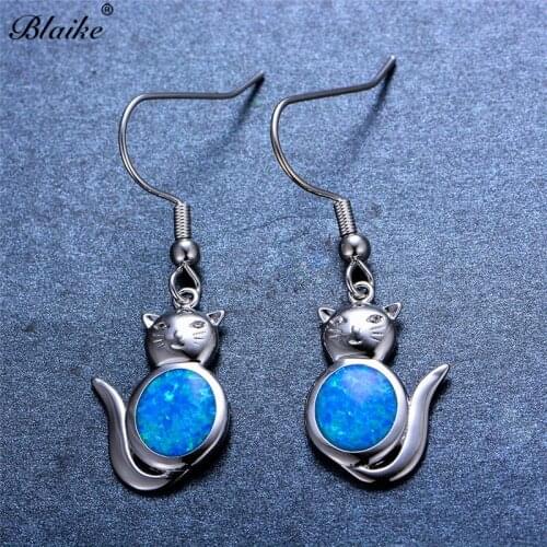 Blaike Cute Cat Blue Fire Opal Long Hook Dangle Earrings For Women Animal Jewelry Silver Color Birthstone Earrings
