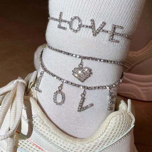 Flatfoosie Fashion Heart Crystal Chain Anklets for Women LOVE Letter Rhinestone Ankle Bracelet 2021 Boho Sandals Foot Jewelry