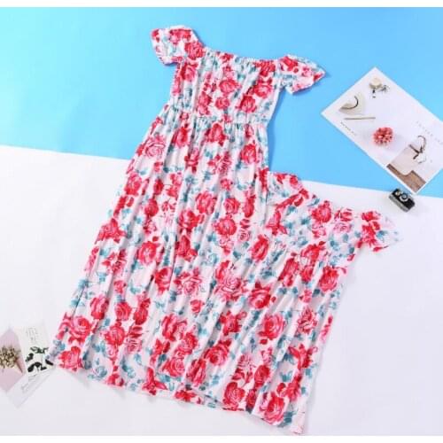 Summer Roses Flower Off Shoulder Mother Daughter Dresses Women Kids Girls Long Dress Family Matching Clothes Shirts