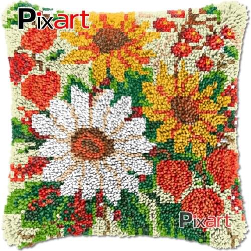 Latch Hook Cushion Cover Colorful Daises Mat Plush Crocheting Pillowcase Chunky Yarn Needlework Knitted Carpet Rug Arts & Crafts