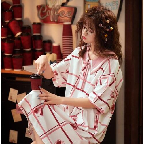 Nightdress Womens Summer Cotton Princess Lovely Grid Half Sleeve Womens Summer Plus Size Nightgown Set