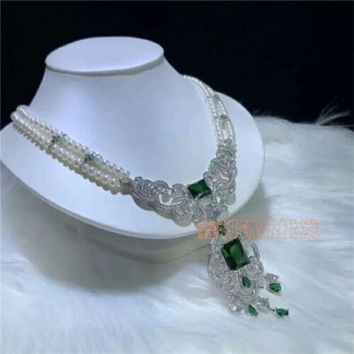 New style natural 2rows 8-9mm white freshwater pearl micro inlay zircon Pearl tassel necklace jewelry