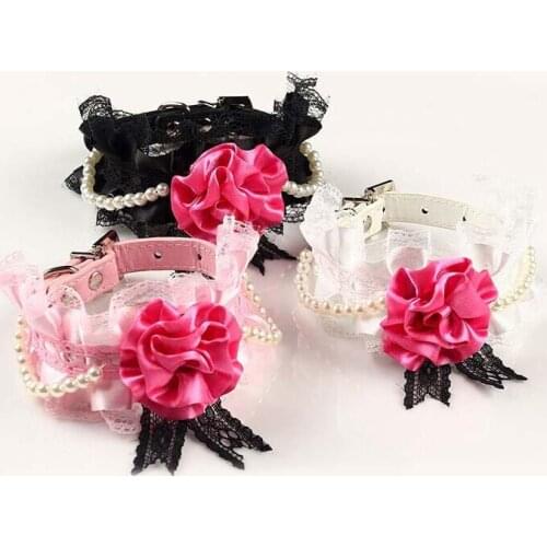 Big Stain Rose Pu Dog Cats Collar with Bling Buckle Luxury Ribbon Flower Pets Collars with Pearls S M 3colors