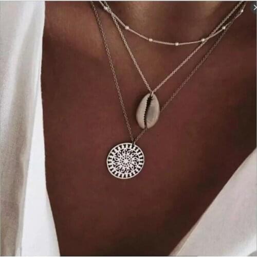 Bohemia Seashell Pedant Necklaces Flower Shell Necklace Multi Layer Ball Neckless Women Summer Beach Jewelry Clavicular Chain
