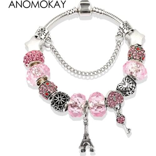 Dropshipping Silver Plated Charm Bracelet Diy Eiffel Tower Heart Bead Bracelets & Bangles Pink Crystal Jewelry Gift for Women