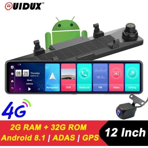 QUIDUX 12" IPS Car DVR Rearview Mirror RAM 2GB + ROM 32GB Android 8.1 Wifi 3 Split Screen ADAS Dual Dash Cam Car Video Recorder