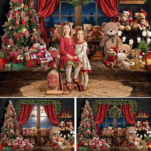 Christmas Bear Toys Backdrop Gifts Window Kids Portrait Background Photo Xmas Trees Red Curtain Winter Photography Photoshoot