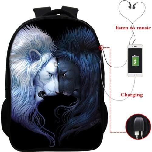 3D Animal Lion USB Charging Backpacks Cool Lion Backpack Teenage Student School Bags Children Bagpack BookBag Men Laptop Bags