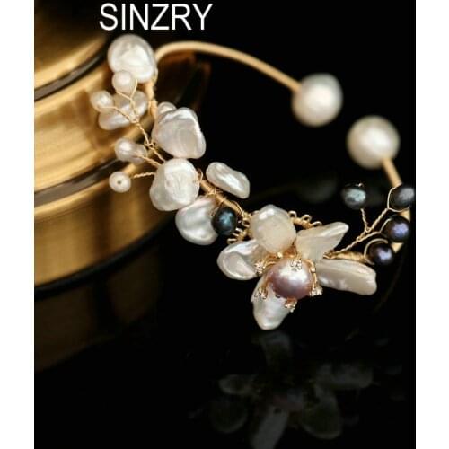 SINZRY original design gold color handmade irregular freshwater pearl wire kinking creative bridal cuff bangles