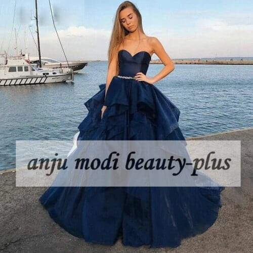 Navy Blue Ball Gown Strapless Prom Dresses Long Organza Beaded Formal Evening Party Ball Gown Robe De Soiree