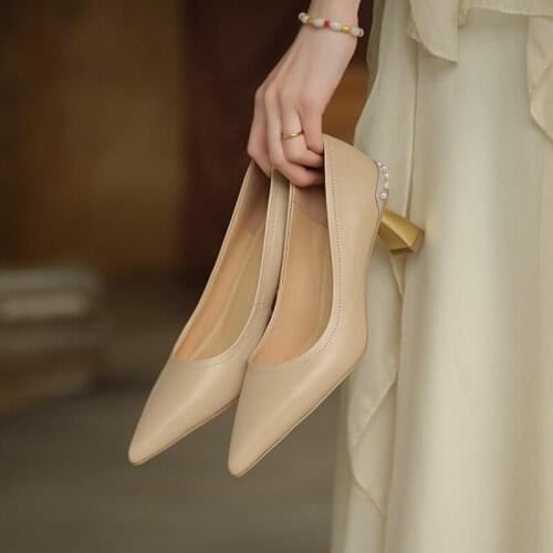 HOT SALE Women pumps Genuine Leather shoes plus size 22-26.5cm Full leather metal heel pearl high heel Office shoes fashion