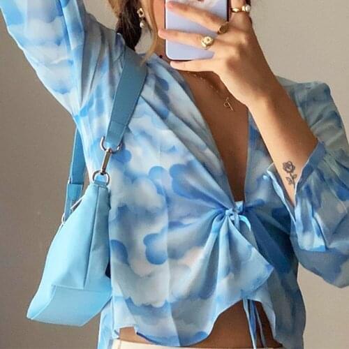 2021 Blue Print Y2K Long Sleeve Crop Tops Women V Neck Bandage Spring Summer Casual Vintage Ruffles Sexy Tops T Shirts 90S