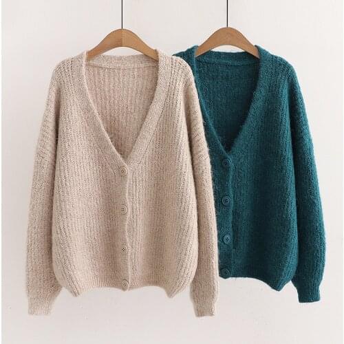 2179 Autumn Women Knitted Cardigan Korean Style Casual Simple Daily Solid Color Green Loose All-Match Cotton V-Neck Sweater