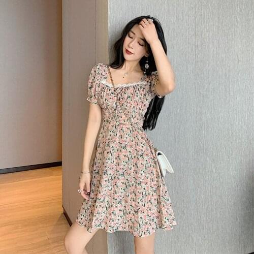 Korean Fashion Floral Dress for Women 2021 Summer Elegant Clothing Teenage Mini Short Ruffle Sleeve Dresses with Lace Streetwear