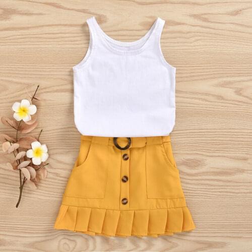 2PCS Baby Clothes Sets Toddler Sleeveless Solid Vest Romper Kids Yellow Pleated Skirt Girl Summer Outfit Set