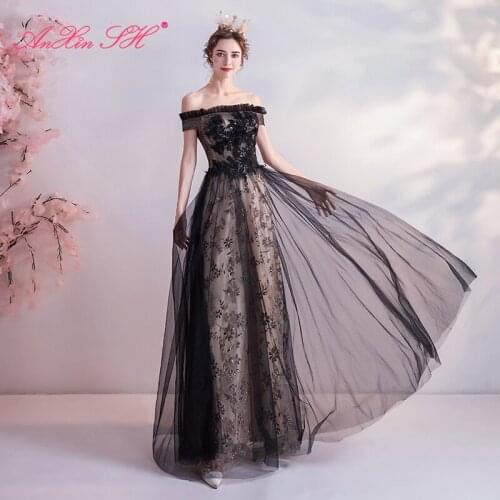 AXJFU princess black lace flower evening dress vintage boat neck beading rose illusion long black ruffles evening dress 1262