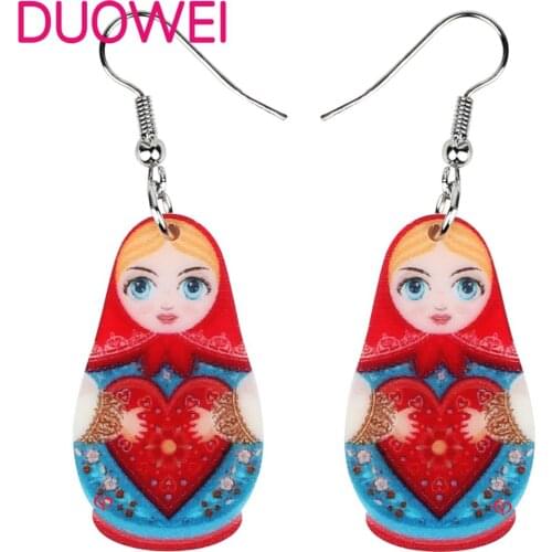 Bonsny Acrylic Red Love Heart Russian Doll Earrings Dangle Drop Fashion Jewelry For Women Girls Lovers Charm Gift Accessories