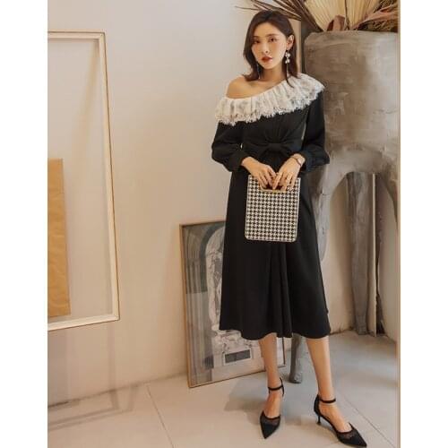 YIGELILA New Arrivals One Shoulder Black Long Dress A-line Patchwork Lantern Sleeves Dress Mid-calf Bow Dress 65175
