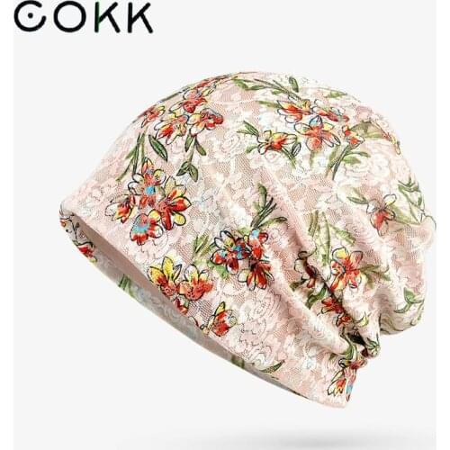 COKK Hat Women Spring Summer Hats For Women Beanie Flower Lace Thin Bonnet Femme Korean headdress headgear Gorro