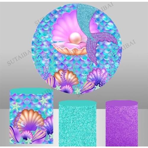 Purple Mermaid Round Background Cover Circle Photo Backdrop Baby Shower Girl Birthday Party Decor Table Cylinder Cover Photocall